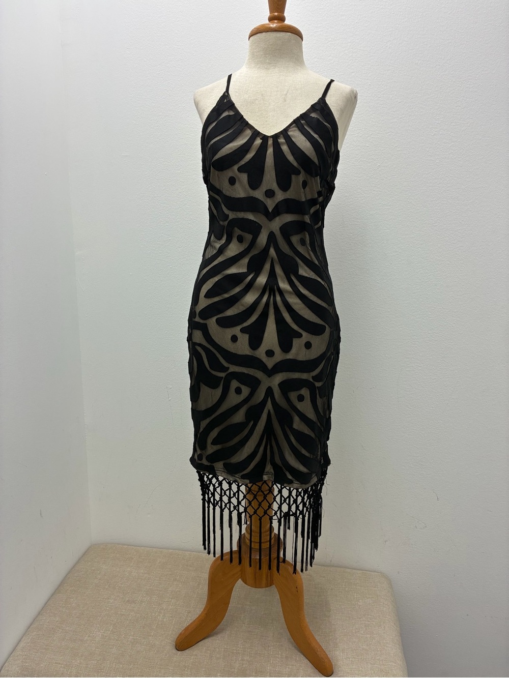 Xtaren Black and Nude Mesh Overlay Dress